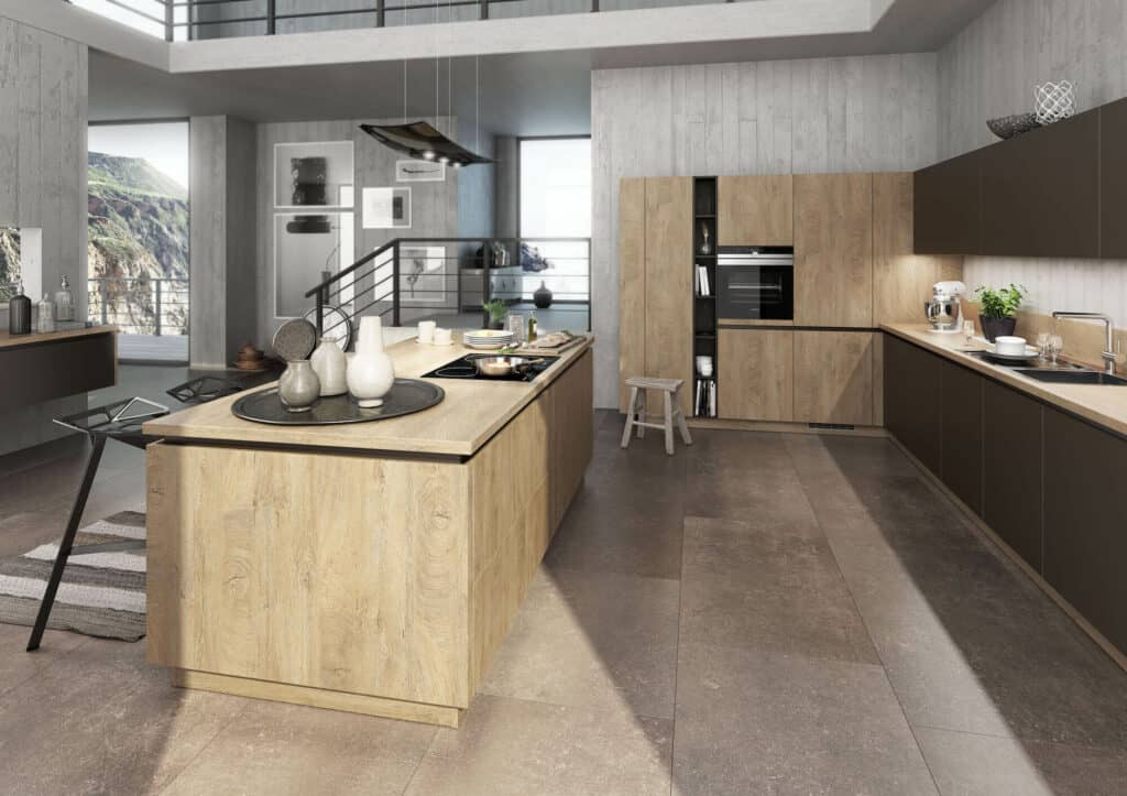 Bauformat Design Inselküche L-Form Echtholz grifflos Lackfronten