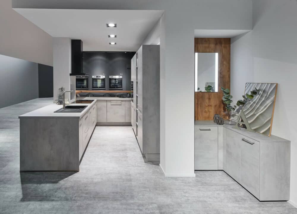 Nobilia Beton steingrau U-Küche mit Kommode