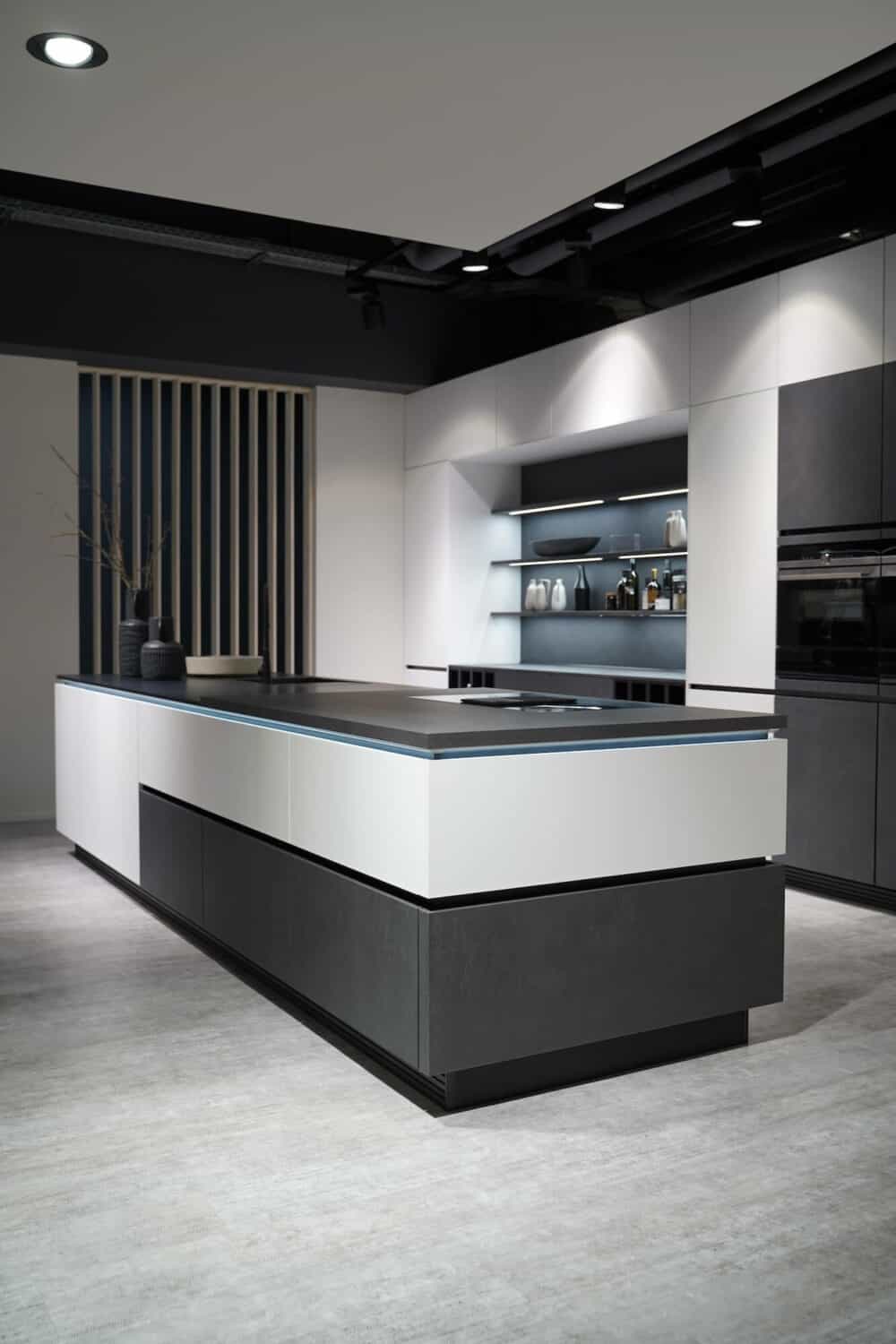 Nobilia Designküche Glas weiß mit Schiefergrau Fronten