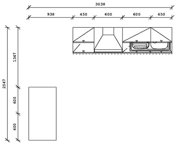 Grundriss Pino Küchenzeile Lichtgrau mit Highboard