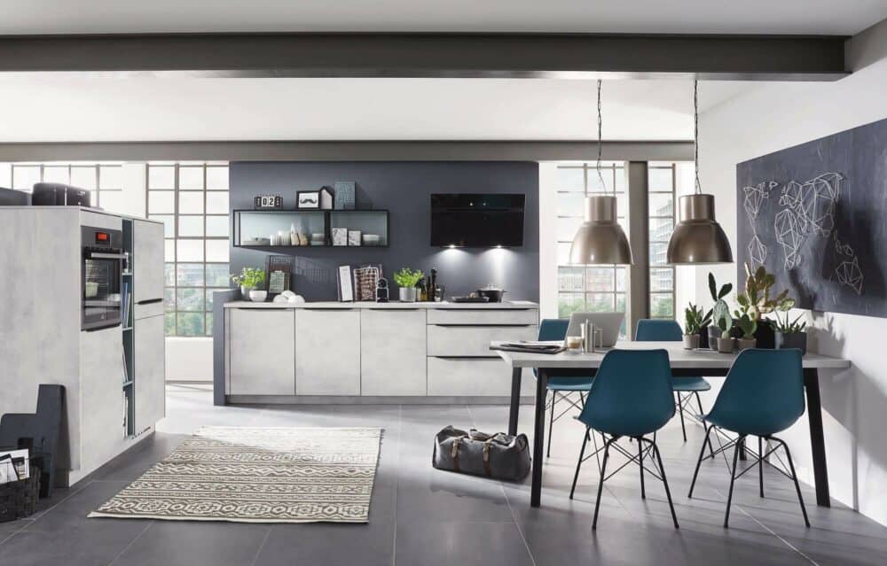 Nobilia Design Küche Weißbeton mit Highboard