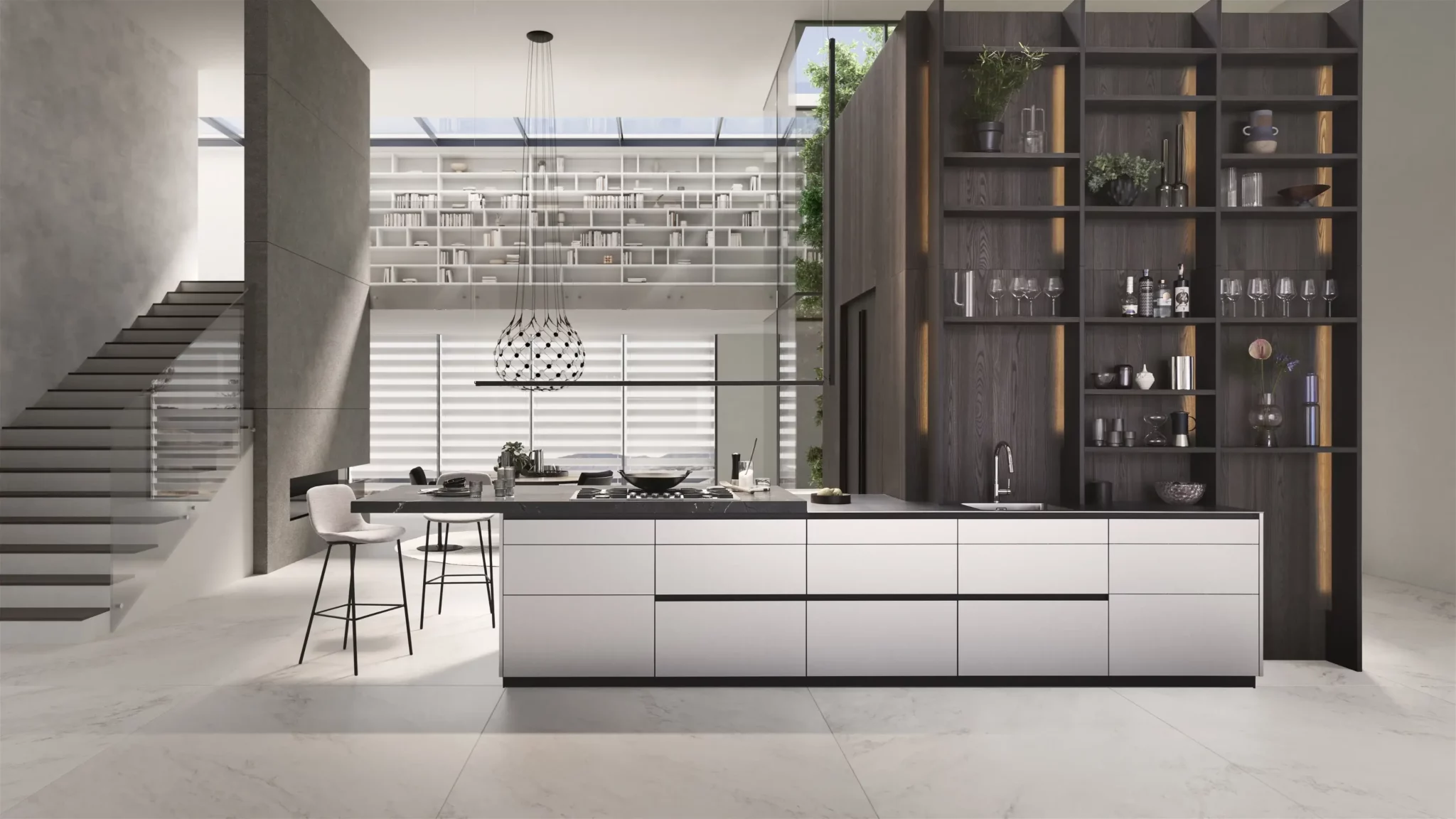 Puristische Inselküche in Hellgrau matt mit dunkler Arbeitsplatte, grifflosen Fronten und elegantem Hochschrank-System mit beleuchteten Holz-Regalen